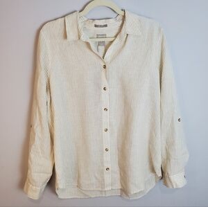 Chico's Cream Striped Button-Up Blouse No iron linen Size 2 NWT
